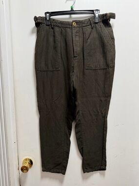 FP Free People Dark Olive Green Sz 4 Gold Buttons Bohemian City Linen Blend Arts